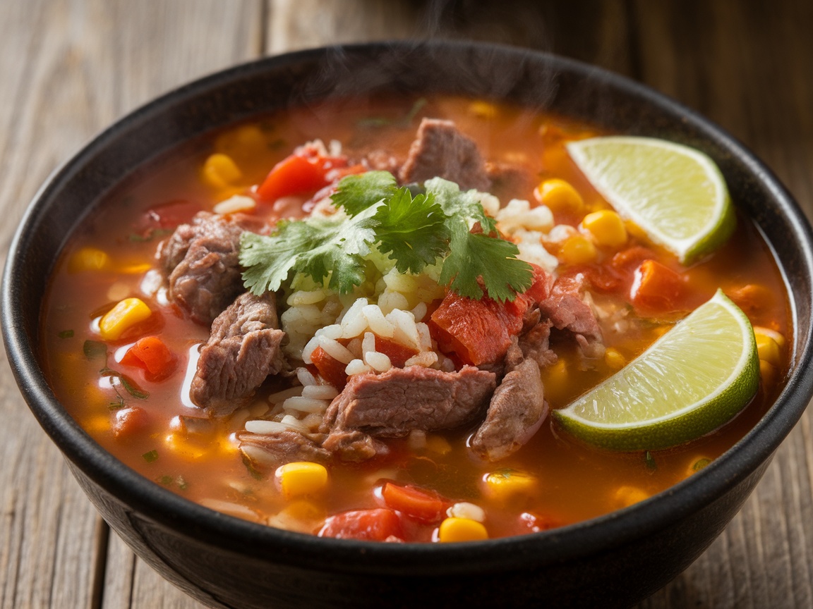 Mexican Beef and Rice Soup Recipe A bowl of Mexican Beef and Rice Soup with beef, rice, tomatoes, and corn, garnished with cilantro and lime.